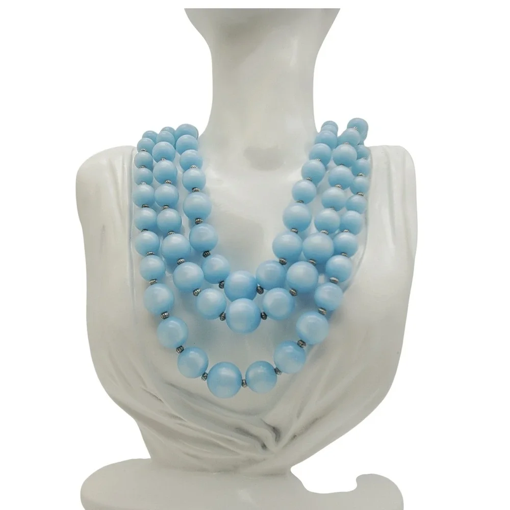 Sky Blue Beaded Acrylic Necklace Triple Strand Graduated Silver Tone Layered Vtg